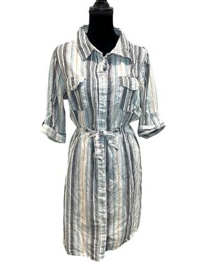 Striped Button-Front Dress in Blue, Gray & Cream